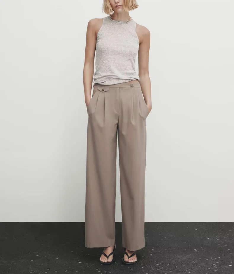 Comfortable Casual Commute Long Pants Women's Fashion Mixed Fiber Foldover Design Polyester Straight Leg Trousers