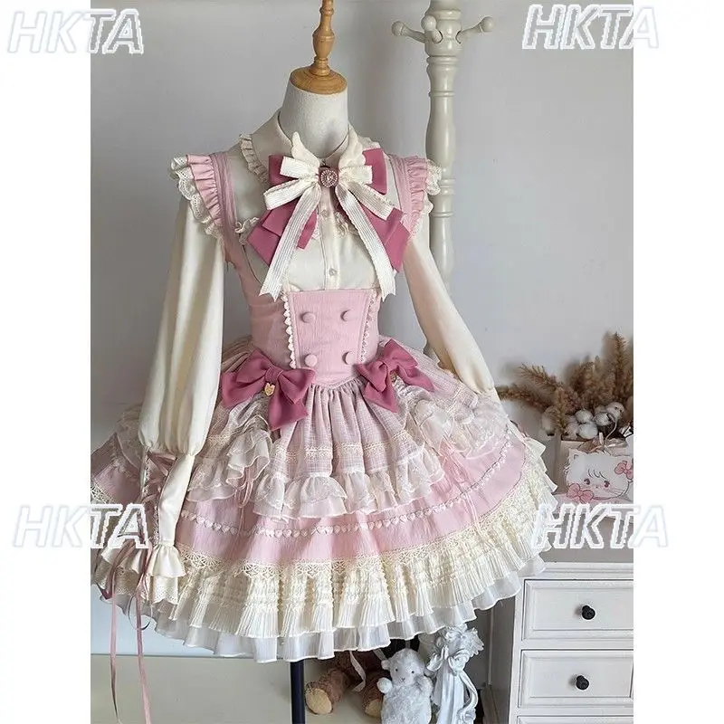 

Милая рубашка в стиле Лолиты с лацканами, топы с бантом, кружево в стиле пэчворк, летающая юбка принцессы с длинными рукавами и высокой талией, комплекты из двух предметов для женщин