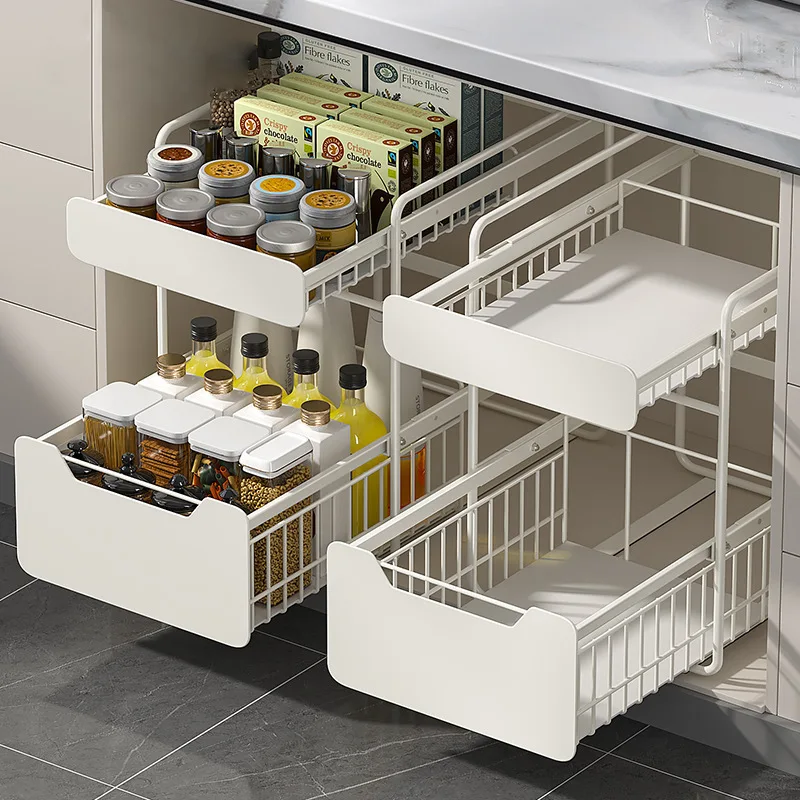 Kitchen Sink Cabinet Pullout Organizer Double Layer Sliding Storage Rack Adjustable Space Saving Pot Pan Lid Spice Rack Meuble