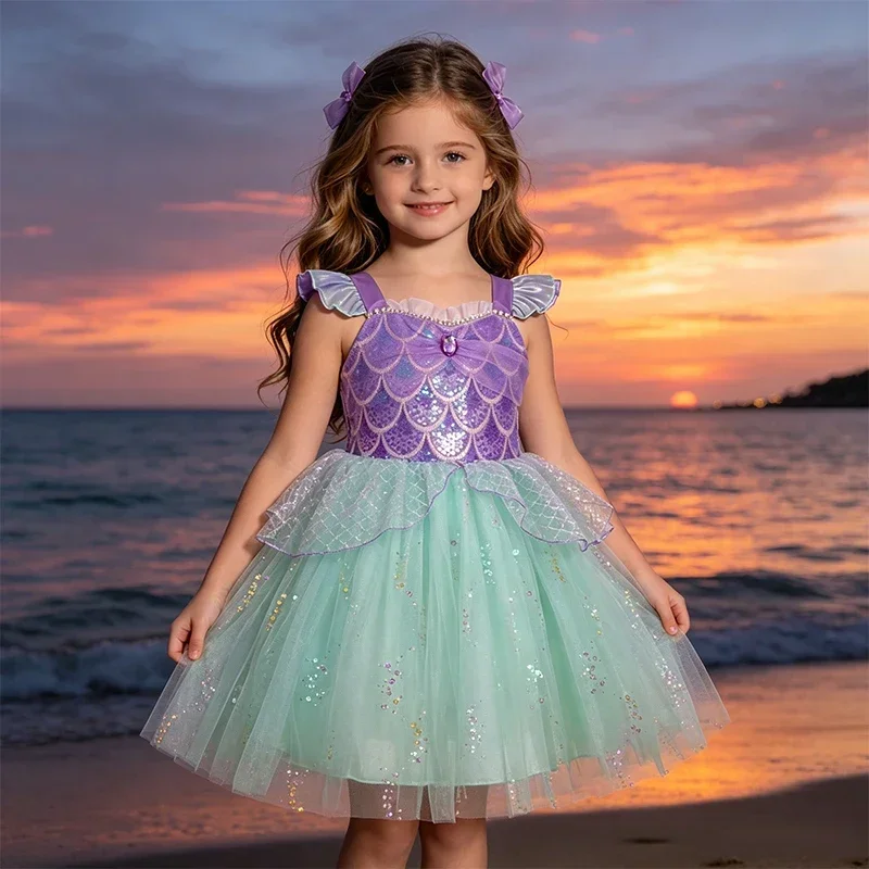 Mädchen Meerjungfrau Prinzessin Kostüm Kleid Lila Grüner Tüllrock Kinder Karneval Geburtstag Halloween Faschingsoutfit – Detail 12