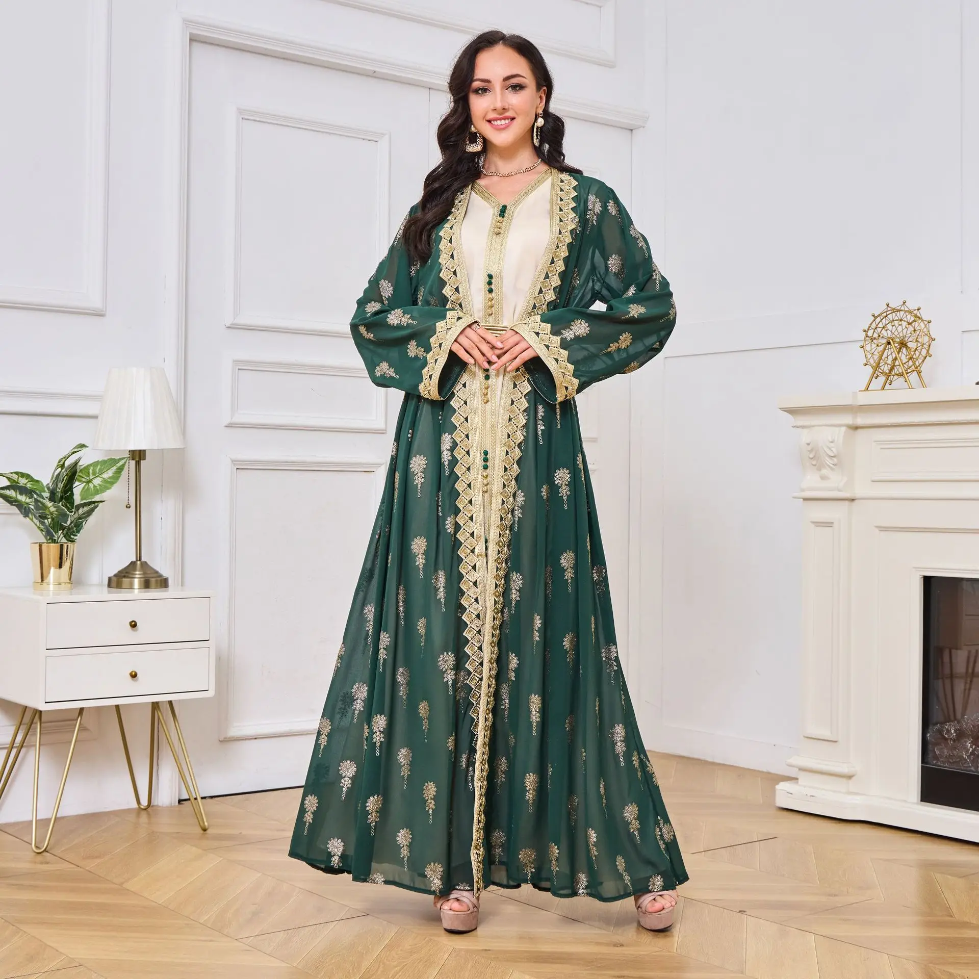 

Eid Muslim Women Two Piece Gown Turkish Caftan Abaya Jalabiya Ramadan Party Dresses Morocco Kaftan V Neck Belt Embroidered Dress