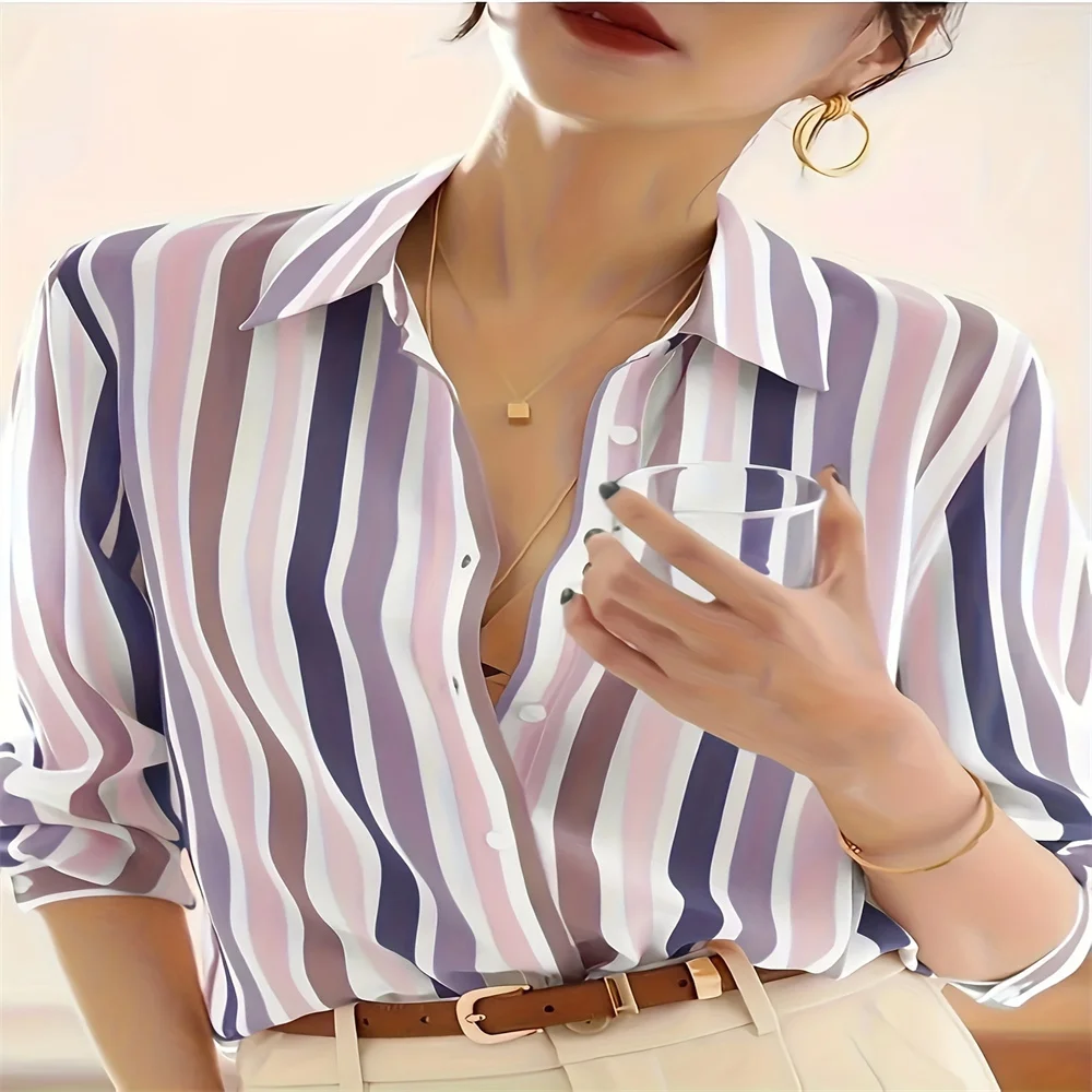 Striped Printed Women's Shirt Button Front Vintage Long Sleeved Shirt For Spring And Autumn Suitable For Daily Dates Vacation