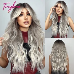 Long Curly Wavy Gray Ash Brown Blonde Ombre Synthetic Wigs with Bangs Cosplay Natural Hair Wig for Women Afro Heat Resistant Use