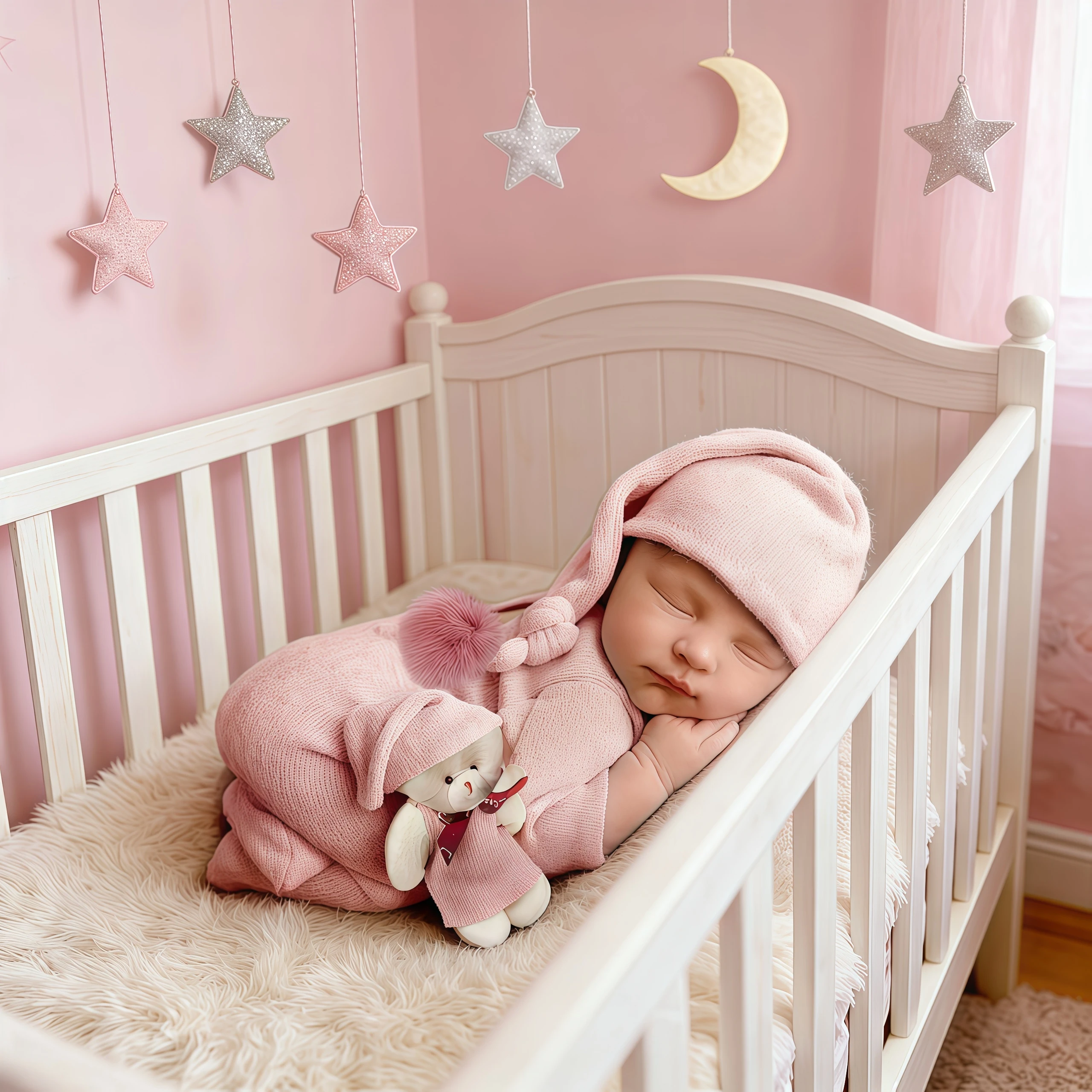 Ylsteed 3 Pieces Set Newborn Jumpsuit Tail Pom Hat Set with Mini Doll Pink Baby Photography Outfit New born Girl Photo Props-HD - view 4