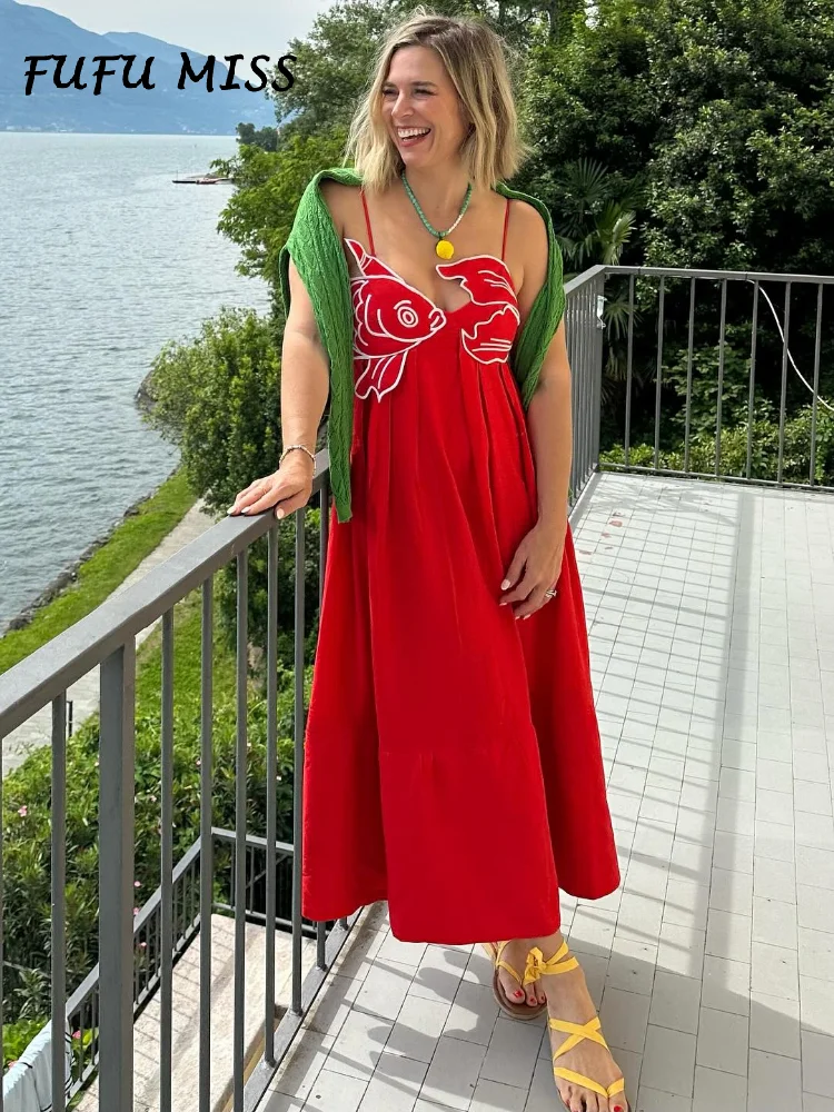 Red Embroidery Fish Shaped Womens Dresses Loose Sling Sleeveless Backless Pleated Dress 2024 Summer Chic Lady Party Holiday Robe