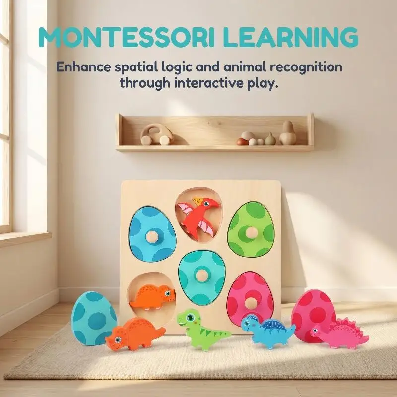Wooden Dinosaur Multi Layer Peg Puzzle for Kids Montessori Educational Toy Early Learning Home Playroom Gift