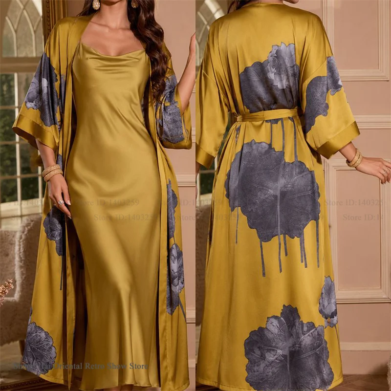 

Print Flower Female Long Twinset Robe Set Nightgown Sexy Bathrobe Kimono Gown Sleepwear Loose Silky Satin Home Dress Loungewear