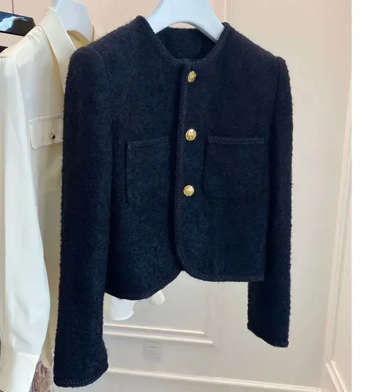 

Elegant Coats Spring Autumn Women Clothes Jacket New High Quality Women Fashion Jackets Black Tweed Two Pockets Golden Buttons