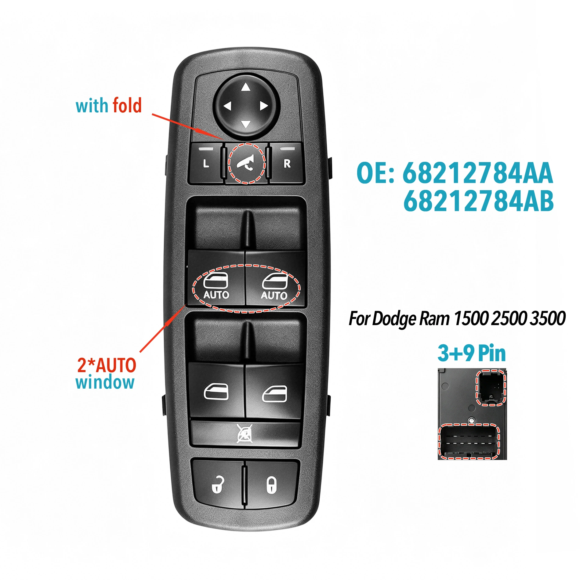 

68212784AB 3+9 Pin For Dodge Ram 1500 2500 3500 2013 2014 2015 2016,Front Driver Side Power Window Glass Lifter Control Switch