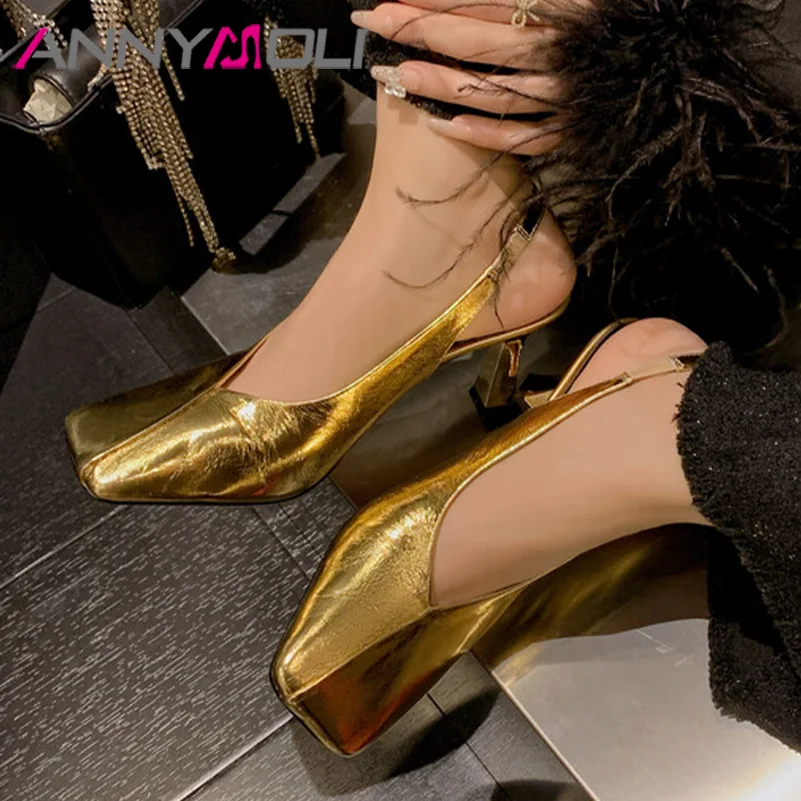 

ANNYMOLI Women Genuine Leather Sandals Thick High Heels Slingbacks Square Toe Concise Party Summer Shoes Golden Silver 34-40