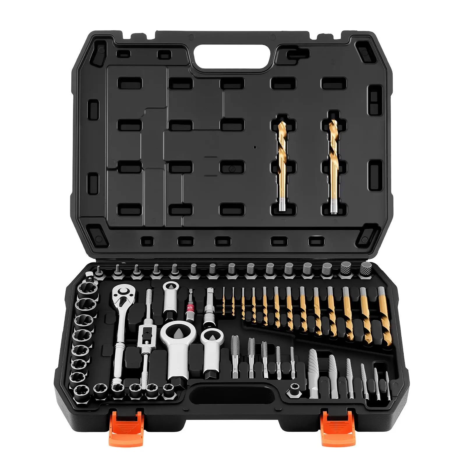 63 Piece Screw Extractor Set Nut Bolt Extractors Nut Splitters Taps Drill Bits Wrenches Adapters Solid Storage Case for removing Rounded Broken Stripped Fasteners