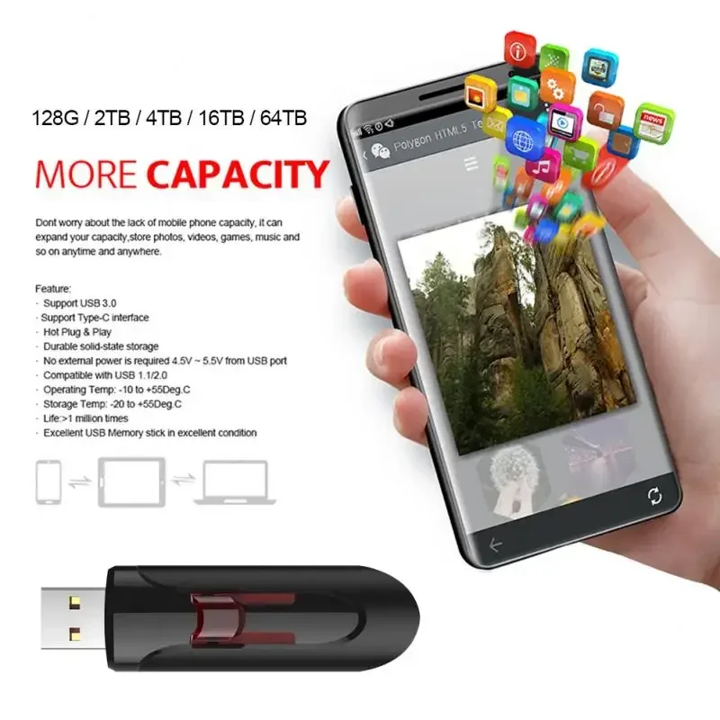 Lenovo-usb flash drive 3.0, 2TB, 4TB, 128GB, transferência de alta velocidade, interface tipo c, memória do telefone móvel