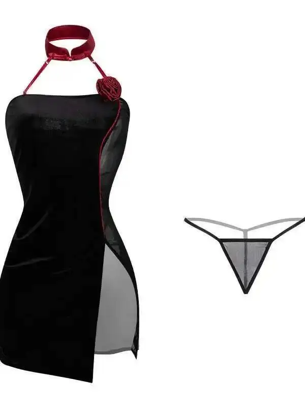 Sexy Lingerie Female Sexy Hanging Neck Buckle Stand Collar Sheer Mesh Lace Beautiful Back Rose Slit Cheongsam Uniform 7PVH