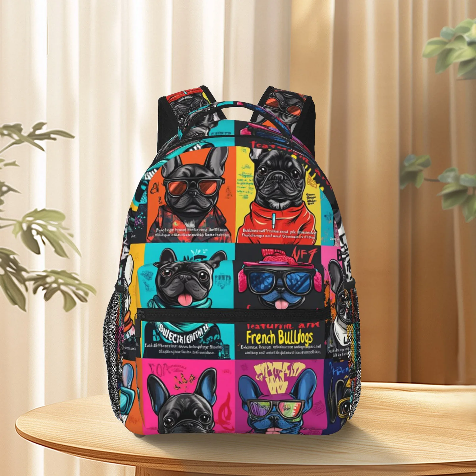 Street Hip-Hop French Bulldog Print Backpack Adjustable Straps Multiple Pockets Durable Polyester Commuter Travel Backpack