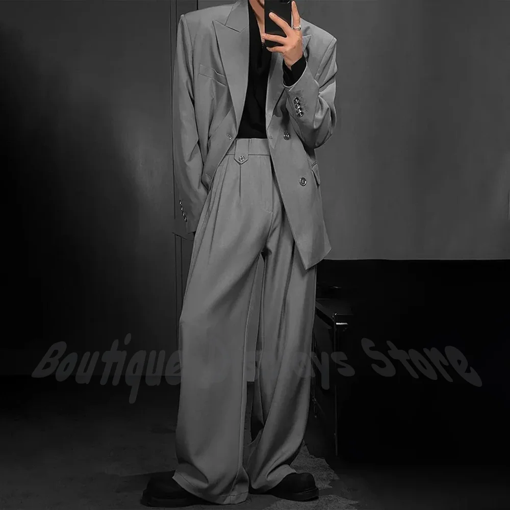 Light Grey Casual Men's Suit Jacket Pants Loose Fit Peak Lapel Fashion Design Costume Homme Solid Color Daily Prom Male Outfit