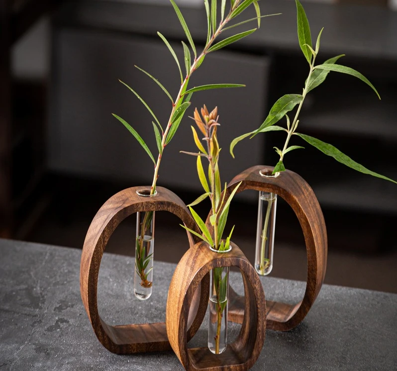 Walnut wood flower vessel hydroponic plant flower holder Japanese solid wood glass tabletop creative