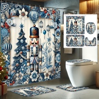 4-Piece  Christmas Shower Curtain Set, Blue Nutcracker Tree Pattern , Non-Slip Bath Mat and U-Shape Toilet Lid Cover Mat