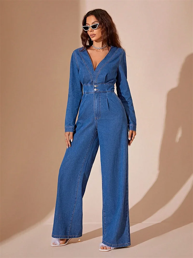 

Fashion Denim Jumpsuits Fall Clothes 2024 Women Deep V Neck Jeans Trousers Jean Rompers Playsuits One Pieces Overall Outfits