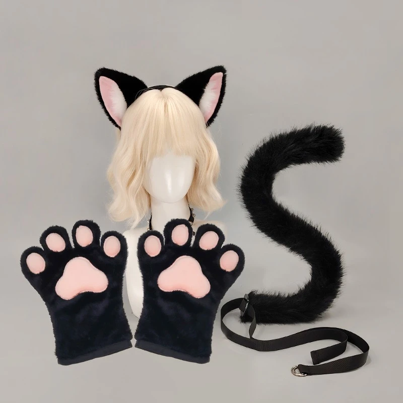 Fluffy Plush Black White Cat Ear Headband Paw Gloves Bendable Cat Tail Lolita Halloween Anime Cosplay Costume Accessories