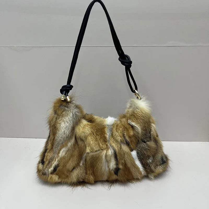 Luxury Real Fox Fur Women Messenger Bag Winter Ladies Warm Shoulder Bags Designer Fur Tote Bag Evening Party Clutch Bag