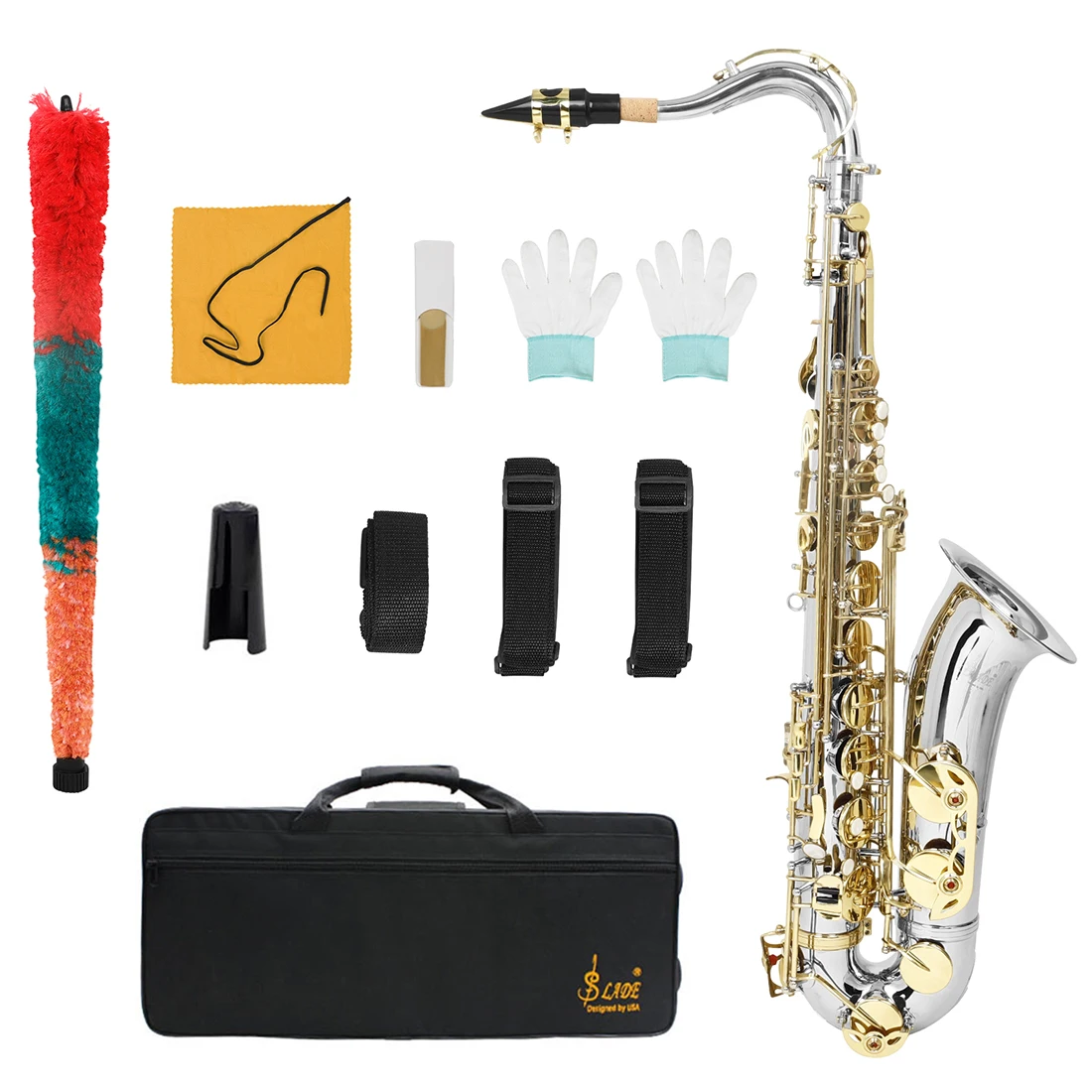 

SLADE Professional Brass Wind Instrument Bb Silver Color Gold Keys Professional Tenor Saxophone With Accessories