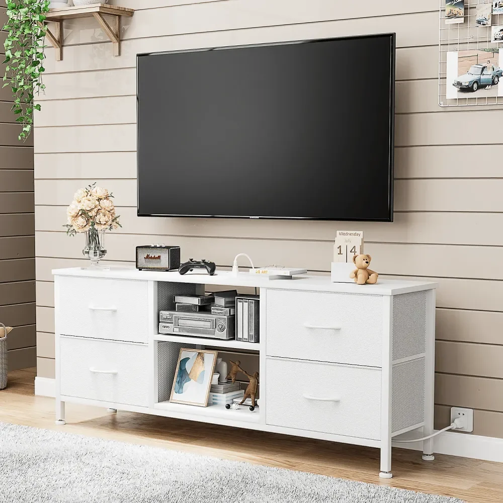

Dresser TV Stand For 50 TV, Fabric Dresser With 4 Drawers And Power Outlet, Modern Entertainment Center With Open Shelves For Li