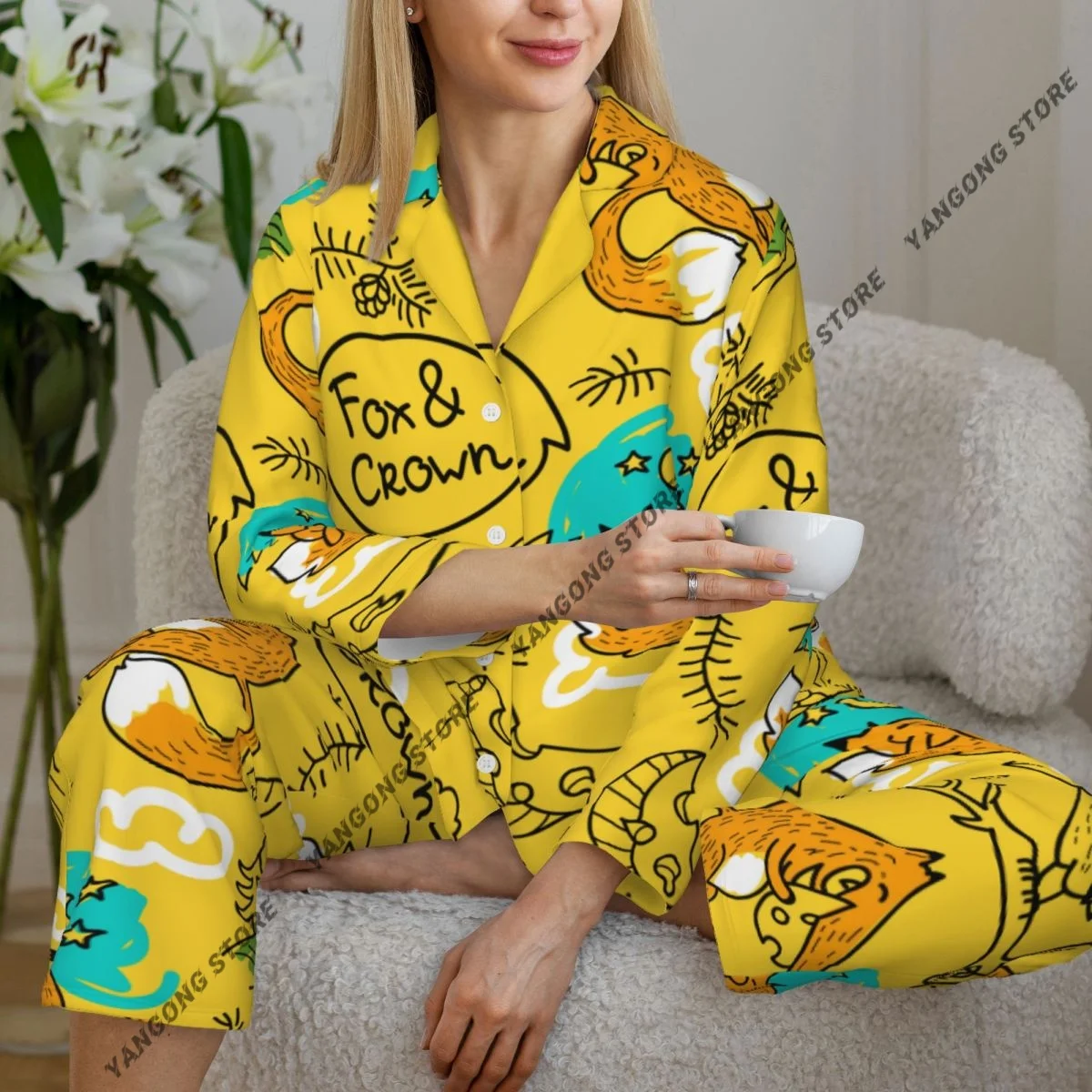 Women Sleepwear Pajamas Foxes And Crows Yellow Background Long Sleeve Pijama Female Set Negligee Cardigan Suit
