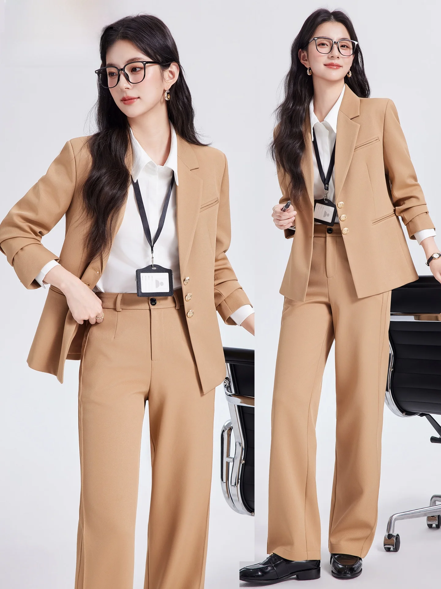 

Khaki Tee-Button Suit Jaet And Pants Set Women's Profional Interview Wardrobe Classic Straight Cut Formal Outfit