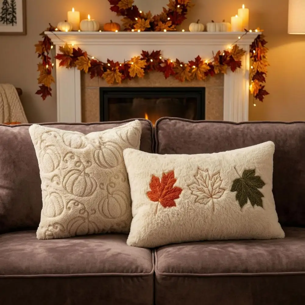 Fall Plush Cushion Cover Pumpkin Maple Embroidery Throw Pillow Cover Autumn Farmhouse Cushion Case Thanksgiving Home