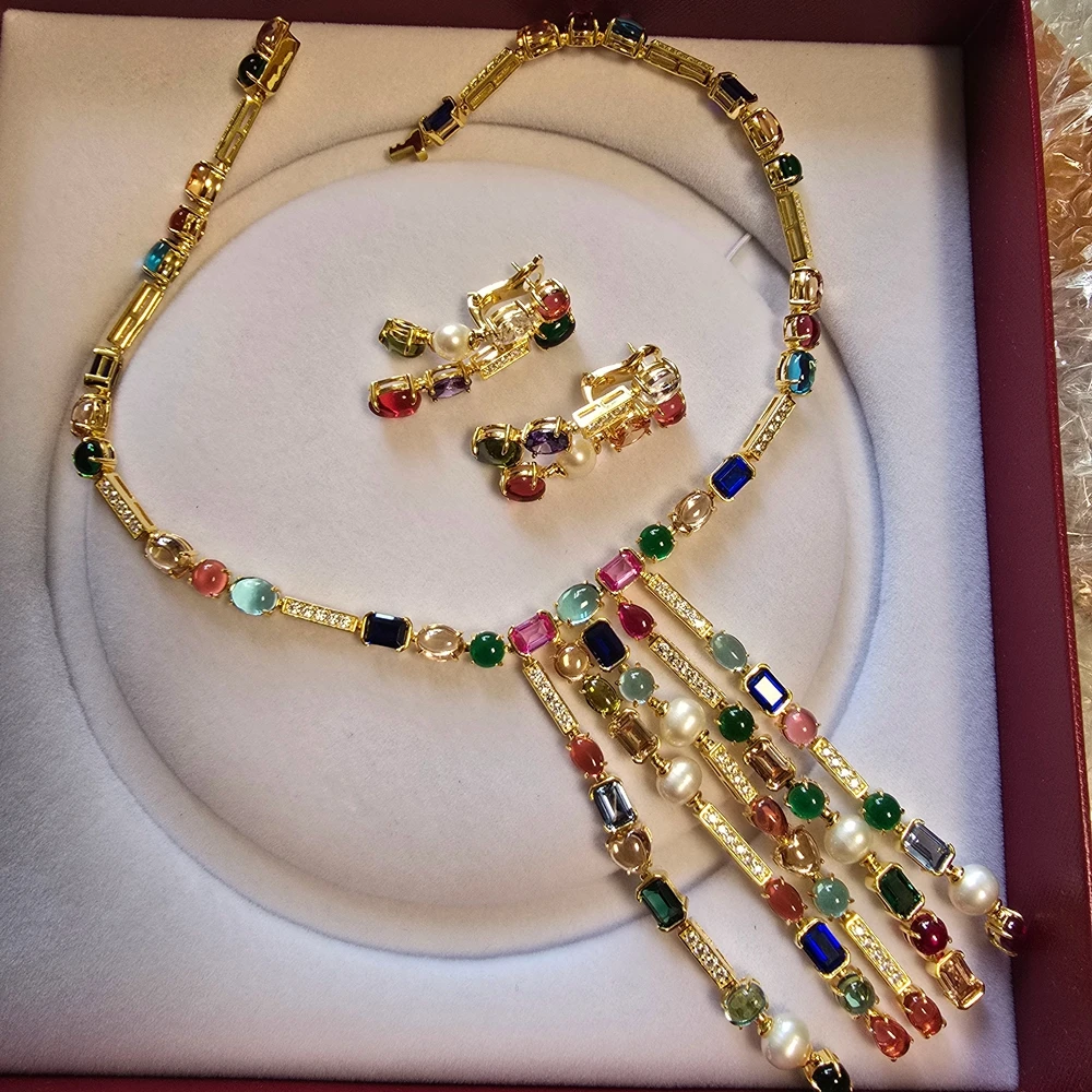 KQDANCE Luxury Multi Layer Colored Stone Lab Grown Sapphire Tassel Necklaces Women's Earrings Pearl Gold Silver 925 Jewelry Sets