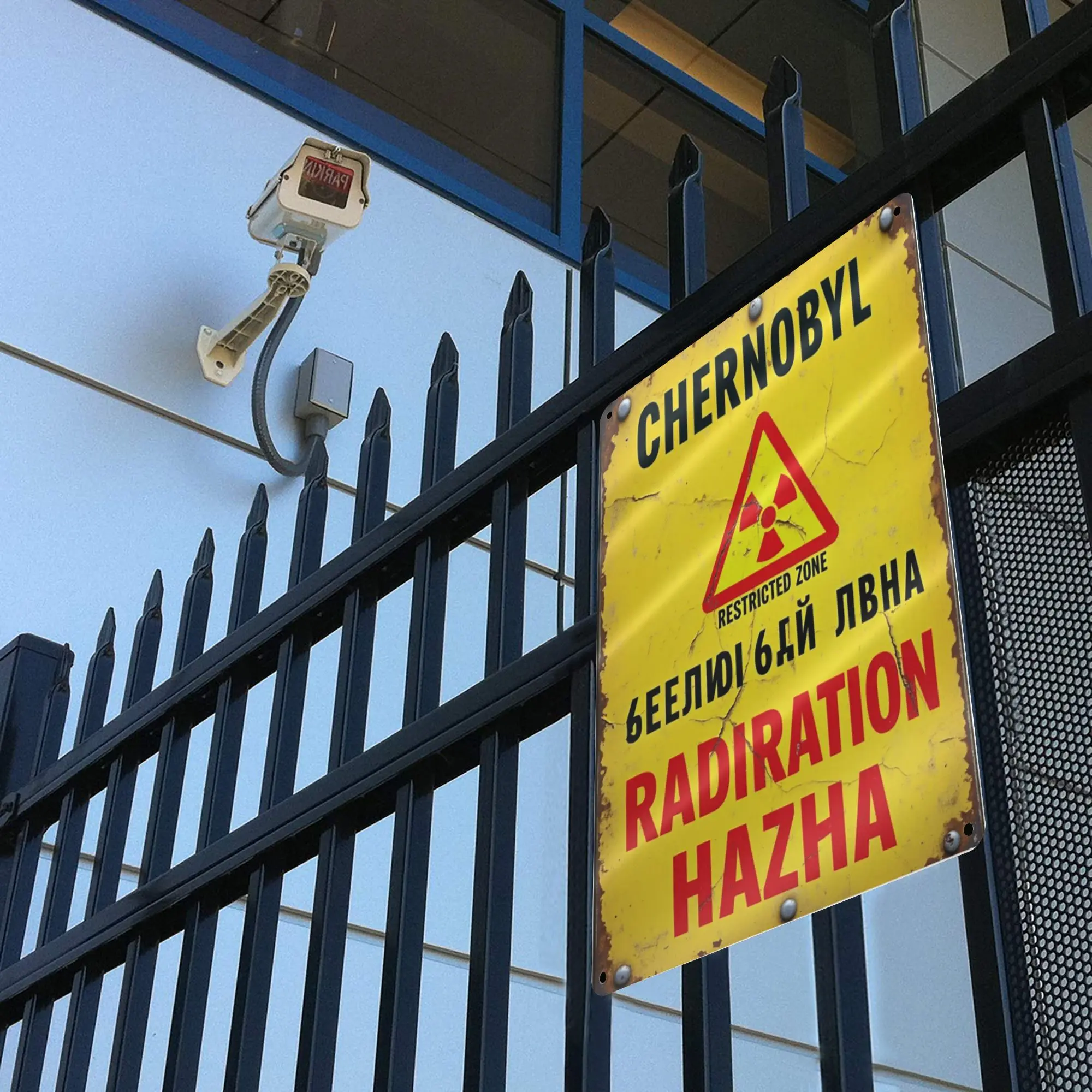 لافتة حديدية لخطر الإشعاع العتيق - لوحة فنية جدارية قديمة مع نص إنجليزي وروسي، لوحة معدنية مطبوعة بالأشعة فوق البنفسجية للمنزل والحديقة، Ba #4