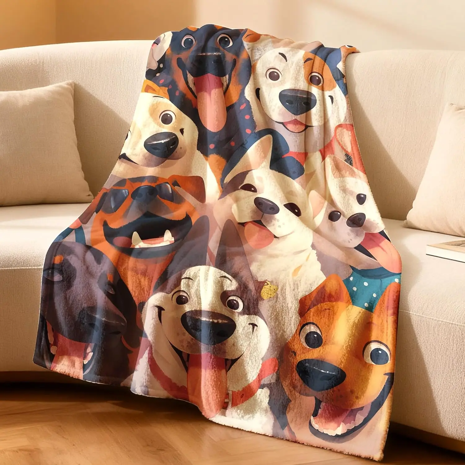 Cartoon Cute Various Dogs Smiling Faces Print Flannel Throw Blanket Soft Warm Lovely Sofa Bedroom Animal Pet Home Decor Gift