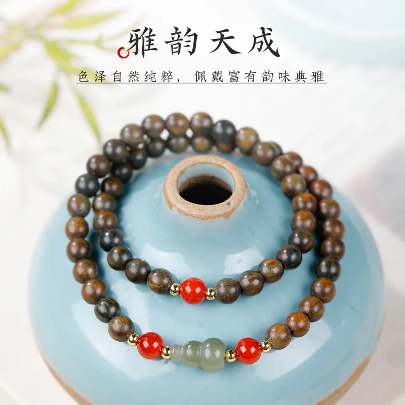 Natural Green Sandalwood Hetian Jade Gourd Bracelet with South Red Agate Fortune Beads Sandalwood Wrist Mala for Women Gifts