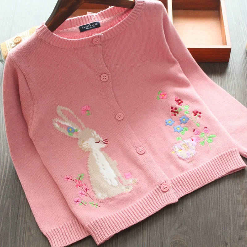

Spring Autumn Children Knitted Coat Cute Girls Sweaters Pink Rabbit Print O-Neck Loose Full Sleeve One Breasted Cardigan Shirts