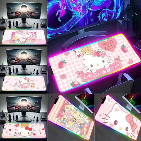 Hot Sanrios Lovely Hello Kitty RGB Pc Gamer Keyboard Mouse Pad Mousepad LED Glowing Mouse Mats Rubber Gaming Computer Mausepad