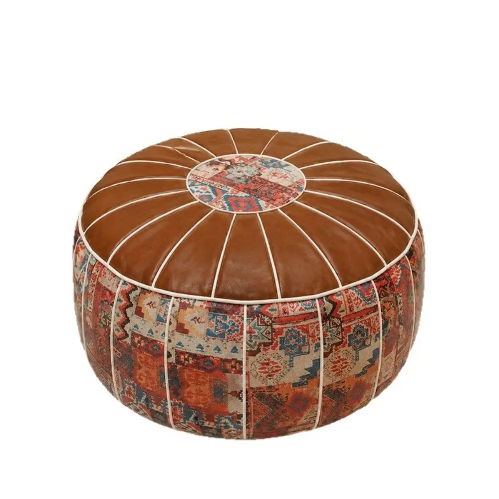 Boho Pattern Ottoman Pouf PU Leather Large Opening Footstool Cover Water Resistant Fillable Design Floor Seat Cushion
