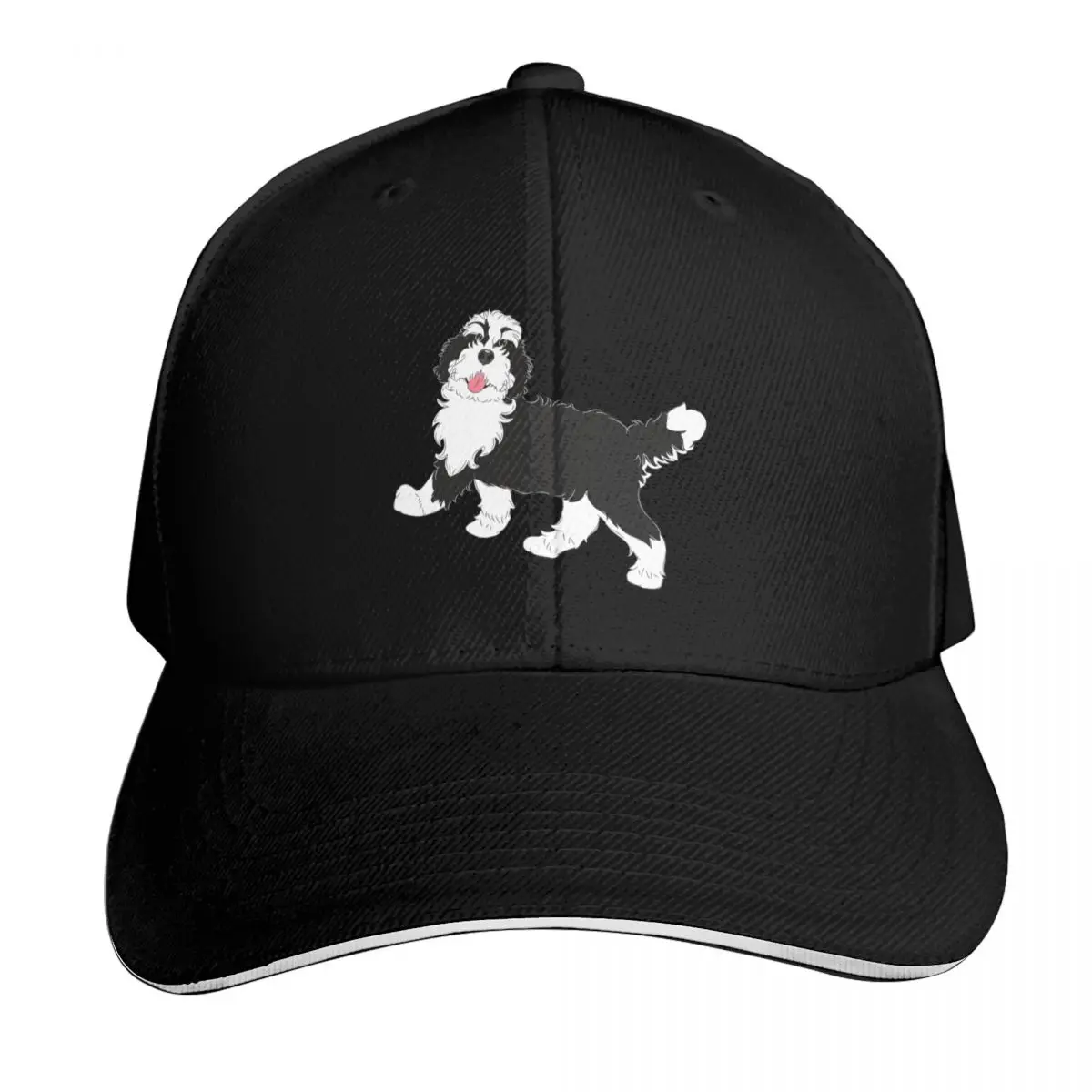 Gorra de béisbol de algodón de sarga, transpirable, con visera plana y cierre ajustable, en dos tonos con contraste, diseño en blanco y negro, modelo Bernedoodle.
