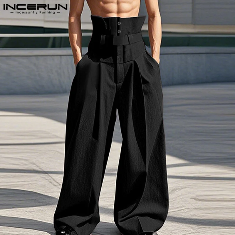 INCERUN 2025 American Style Trousers Stylish Men's Deconstruction High Waisted Long Pants Casual Solid Loose Wide Leg Pantalons