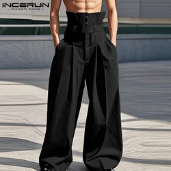 INCERUN 2025 American Style Trousers Stylish Men's Deconstruction High Waisted Long Pants Casual Solid Loose Wide Leg Pantalons