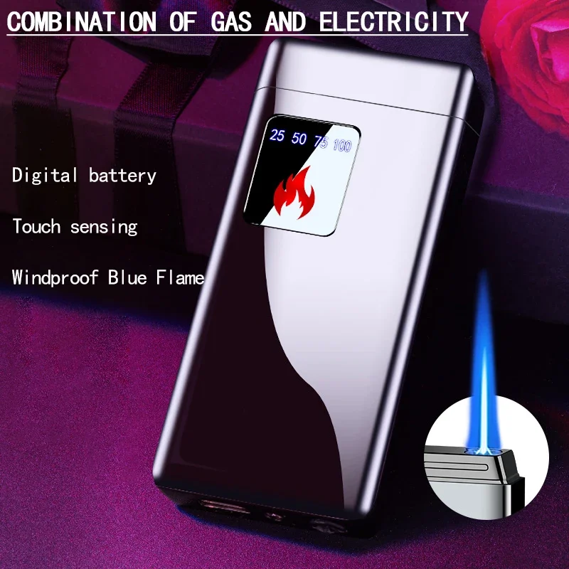 

Blue Jet Flame Dual Gas & Electric Lighter Windproof Rechargeable Auto Refill Lighter with Touch Ignition for Outdoor/Camping
