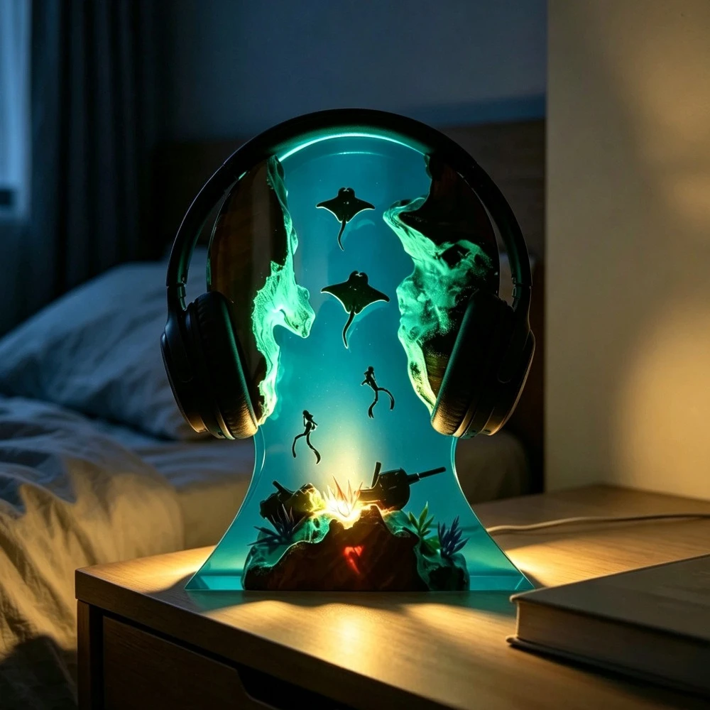 Diver and Manta Ray Epoxy Resin Luminous Ornament Earphone Stand Home Decoration Crafts Creative Gift