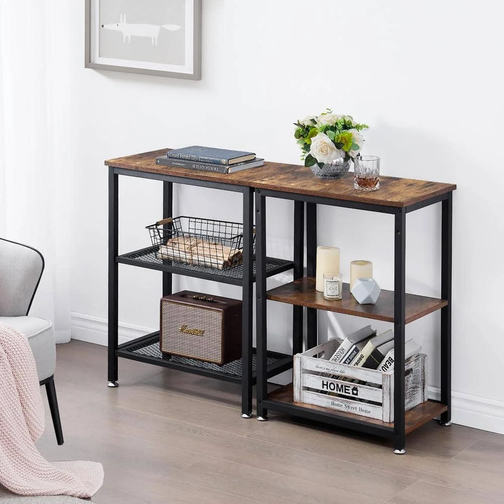 طاولة جانبية بنية من 3 طبقات، أرفف كتب مفتوحة ثابتة مع إطارات معدنية، طاولة نهاية مستطيلة، 13.8 بوصة عرض × 21.6 بوصة عمق × 30 بوصة ارتفاع، مجموعة من 2 #2