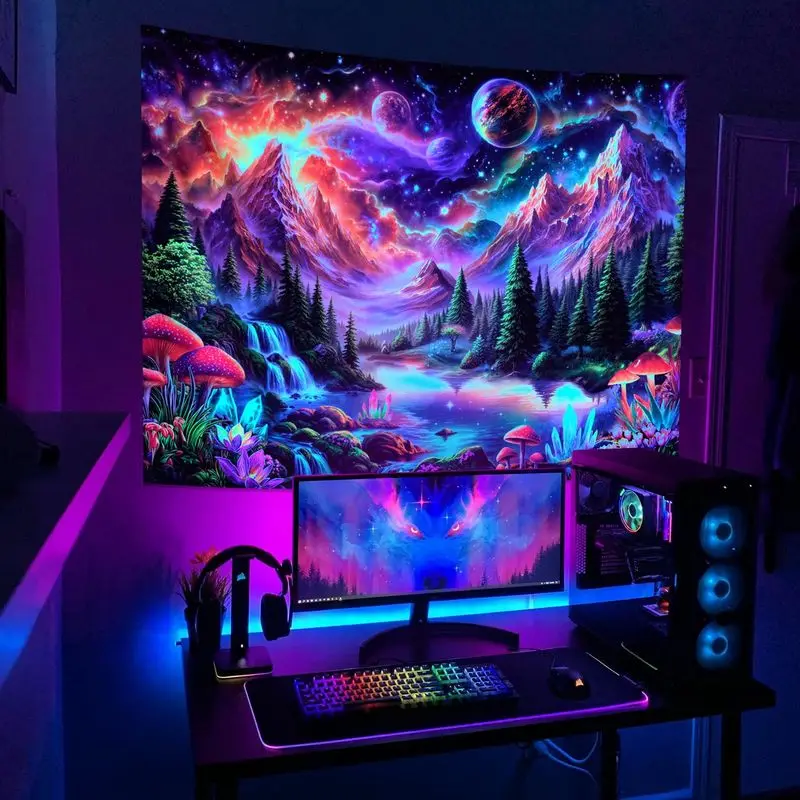 VIKAMA Violet Cliffs Alien Lagoon Toadstool Fluorescent Tapestry UV Glow Surreal Wall Mural Living Room Decor Soft Durable Cozy