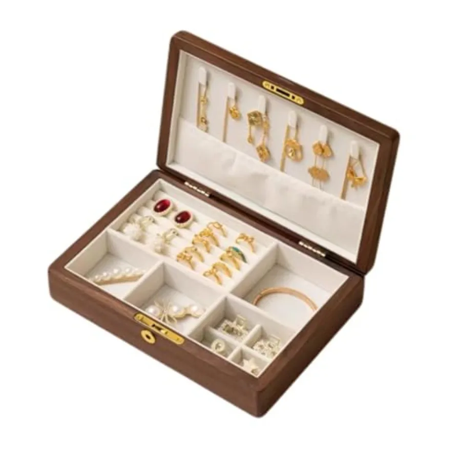 

2-слойная деревянная шкатулка для драгоценностей из массива черного ореха для женщин с замком и ключом, деревянный винтажный органайзер для мужчин, серьги, кольца, ожерелье