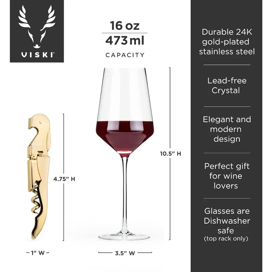Crystal Stemmed Wine Glasses with Double Hinged Corkscrew in Wooden Gift Box Includes Two 16 oz Drinking Glasses and Cork Opene