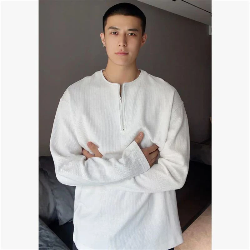 Men Waffle Half Zipper Henley Long Sleeve T Shirts Spring Thin Fashion Casual All-match Oversized Clothing Tops Black White Grey