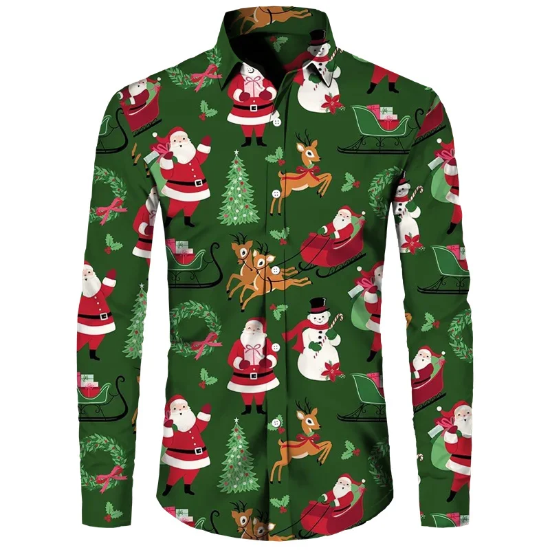 2023 Christmas Gift Cartoon Print New Long Sleeve Shirt Party Top New Year Christmas Holiday Shirt Lapel Button Up Shirt XS-6XL