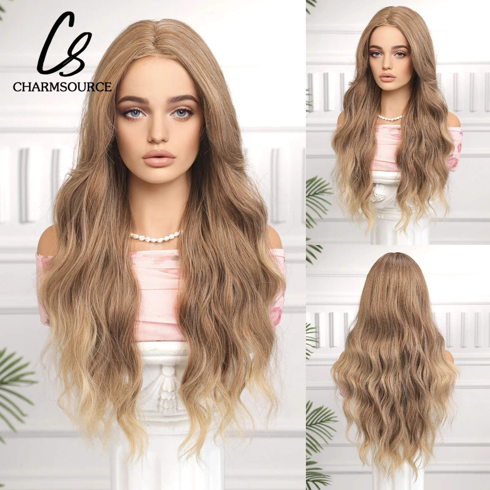 

CharmSource Hairline Lace Wigs Brown Ombre Blonde Synthetic Long Wavy Wig with Long Bangs for Women Cosplay High Density Hair