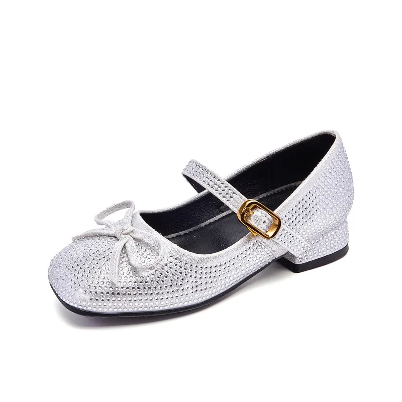 2026 New Spring Autumn Girls Low‑Heel Princess Shoes Little Kids Leather Soft‑Sole Crystal Single Shoes Matching Formal Dresses