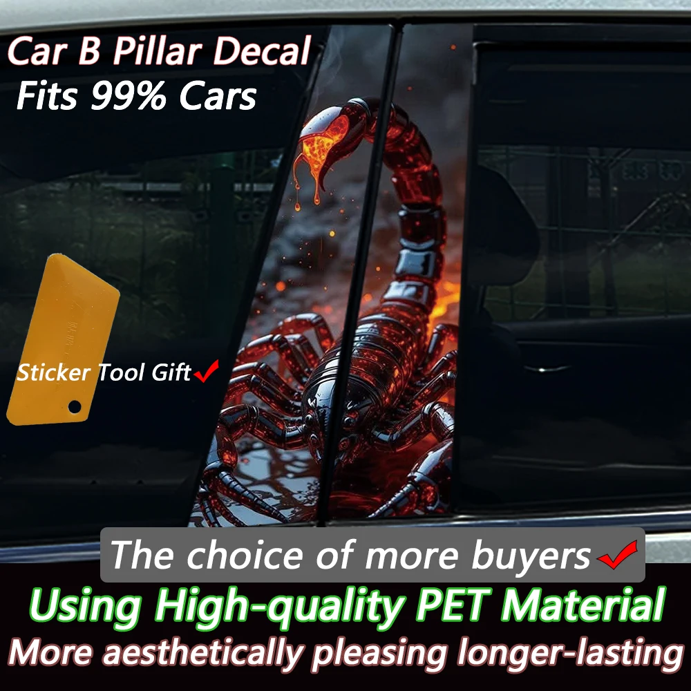 2PCS Fire Lava Scorpion 3D Car B Pillar Sticker Waterproof Vinyl Door Middle Column Decal